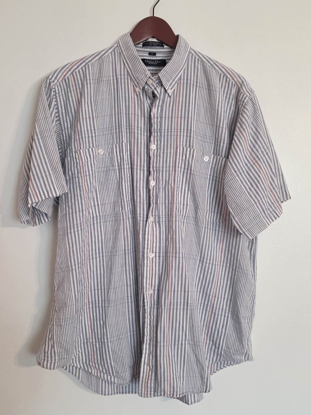 Christian Dior Men’s Blue, White & Pink Striped Short-Sleeve Button-Down Shirt